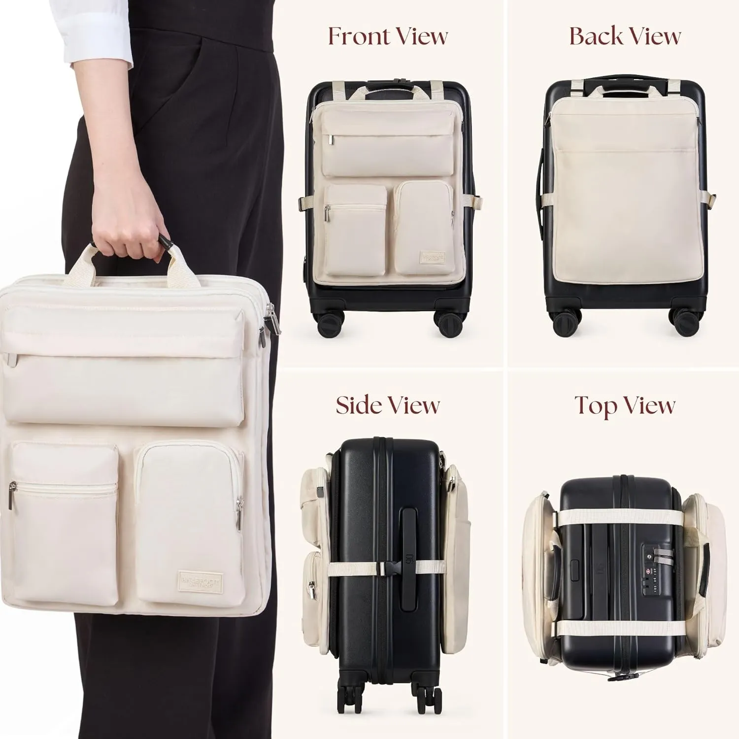 Over Luggage Organizer for Carry On Bag or Suitcase with Storage Pockets, 16 Laptop Sleeve with Handle, Travel Accessories Bag, Slide On Luggage Harness with Adjustable Straps (Ivory)