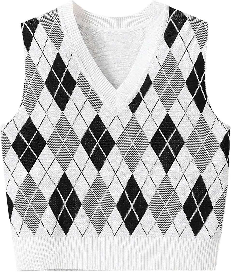 OYOANGLE Girl's Argyle Plaid V Neck Sweater Vest Sleeveless Preppy Casual Pullover Knitted Tank Tops