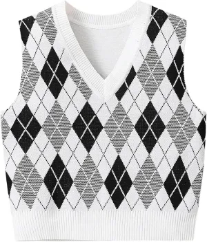 OYOANGLE Girl's Argyle Plaid V Neck Sweater Vest Sleeveless Preppy Casual Pullover Knitted Tank Tops