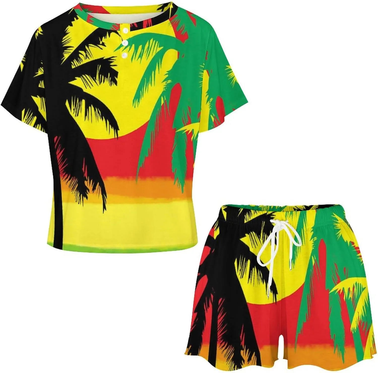 Palm Trees in Jamaica Colors Womens Pajamas Set Loungewear Short Sleeve Sleepwear PJ