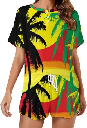 Palm Trees in Jamaica Colors Womens Pajamas Set Loungewear Short Sleeve Sleepwear PJ