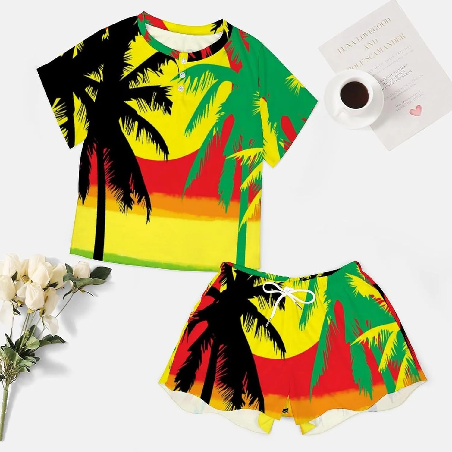 Palm Trees in Jamaica Colors Womens Pajamas Set Loungewear Short Sleeve Sleepwear PJ