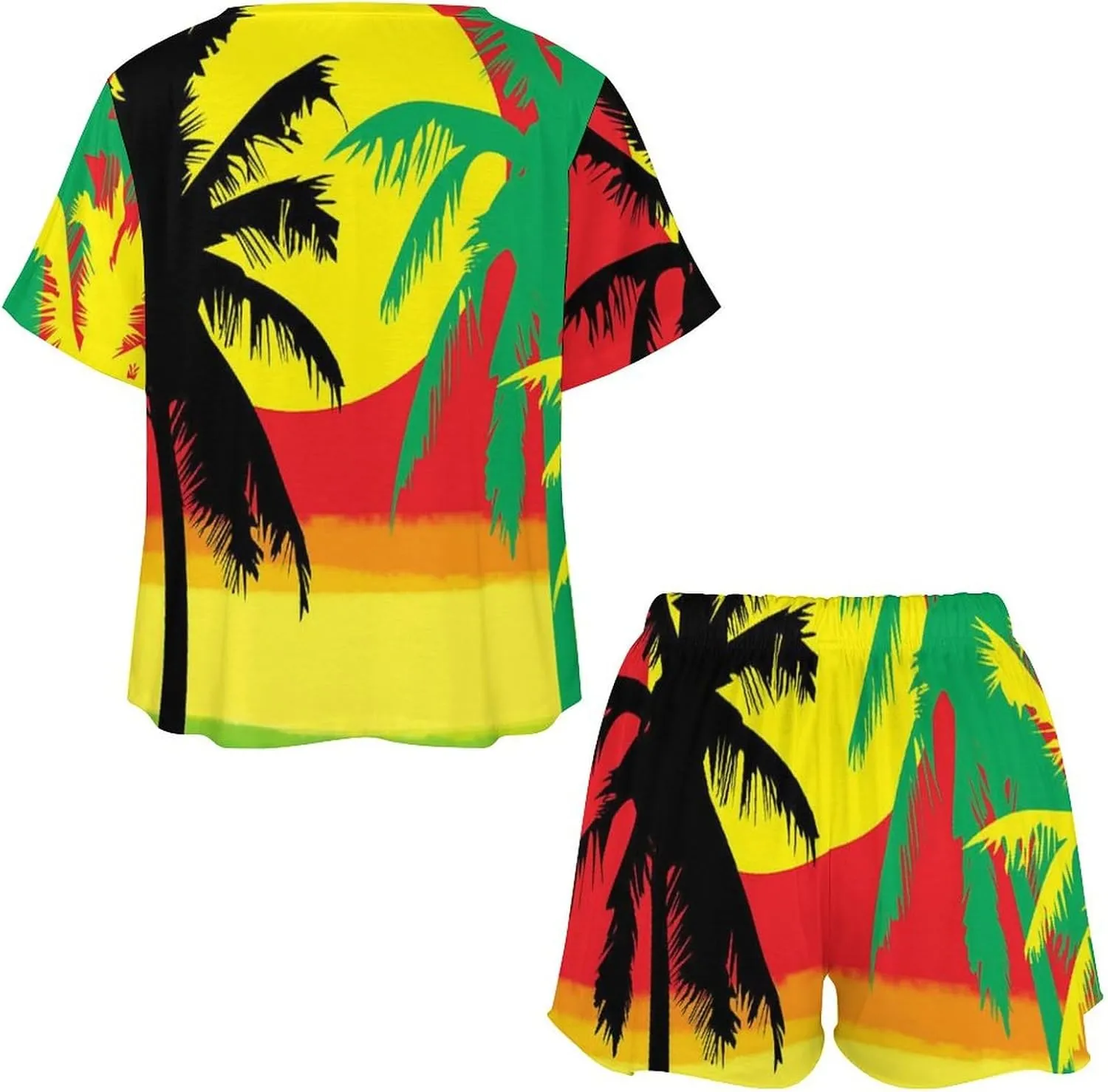 Palm Trees in Jamaica Colors Womens Pajamas Set Loungewear Short Sleeve Sleepwear PJ