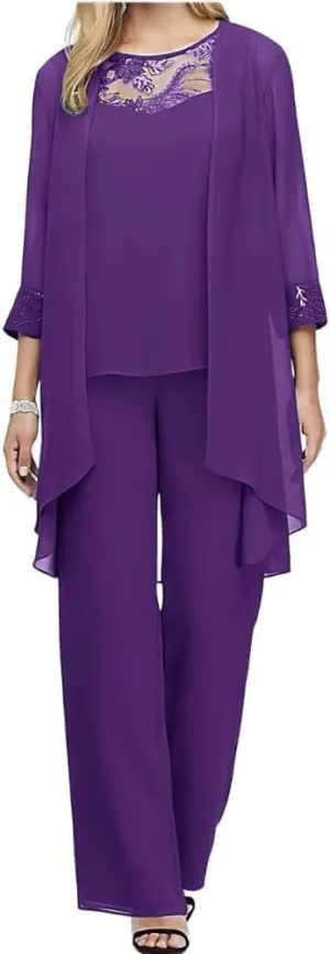 Pant Suits for Women Dressy Wedding 2 Piece Outfits Casual Irregular Chiffon Formal Wide Leg Pants Suits