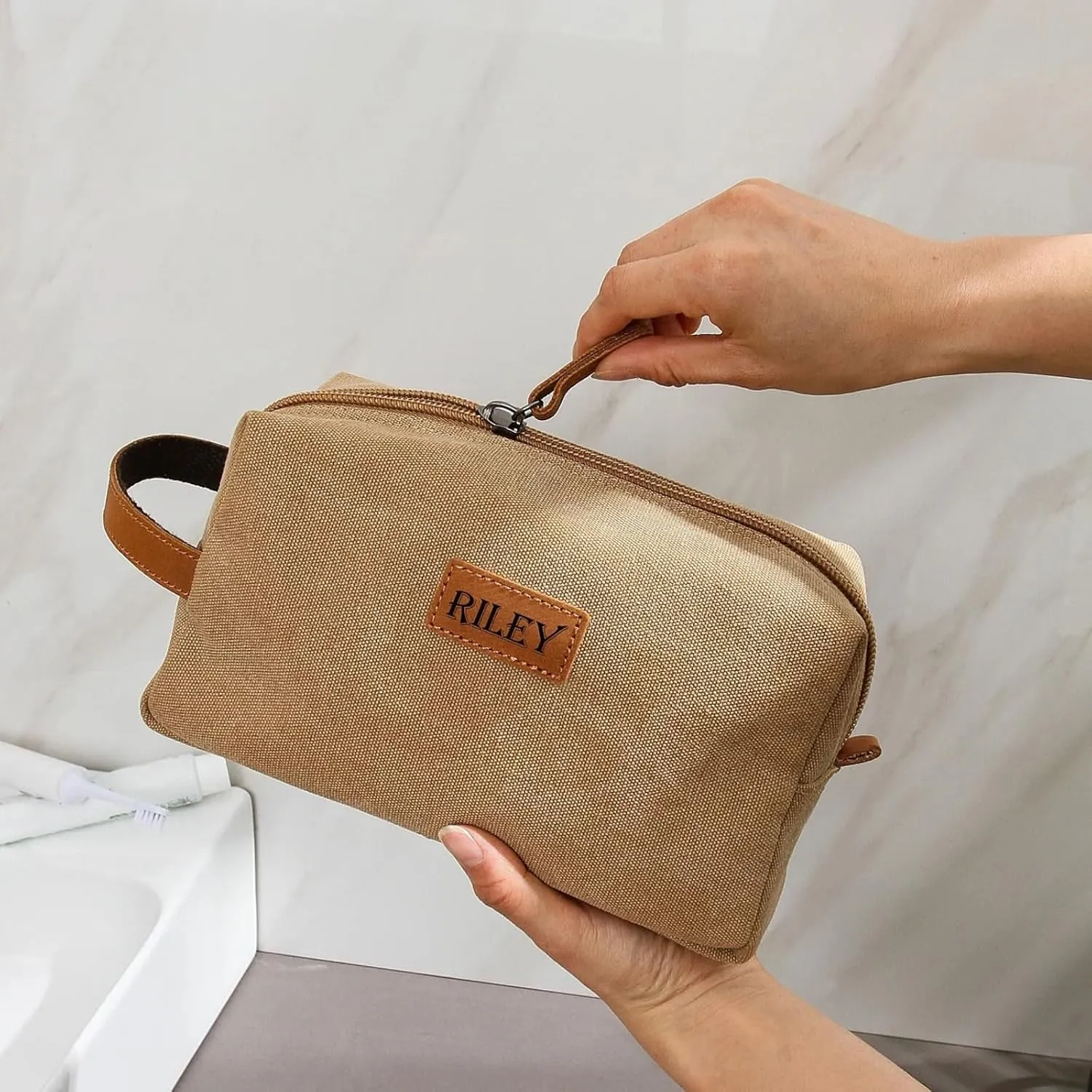 Personalized Toiletry Bag, Snirov Mens Toiletry Travel Bag Engraved Name Canvas Handcrafted Toiletry Bag for Husband Dad Boy Friend Fathers Day Gifts for Men