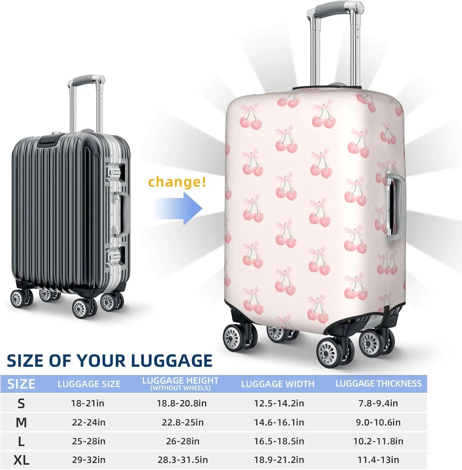 Pink Bow Cherry Travel Luggage Covers Elastic Suitcase Protector Washable Baggage Covers