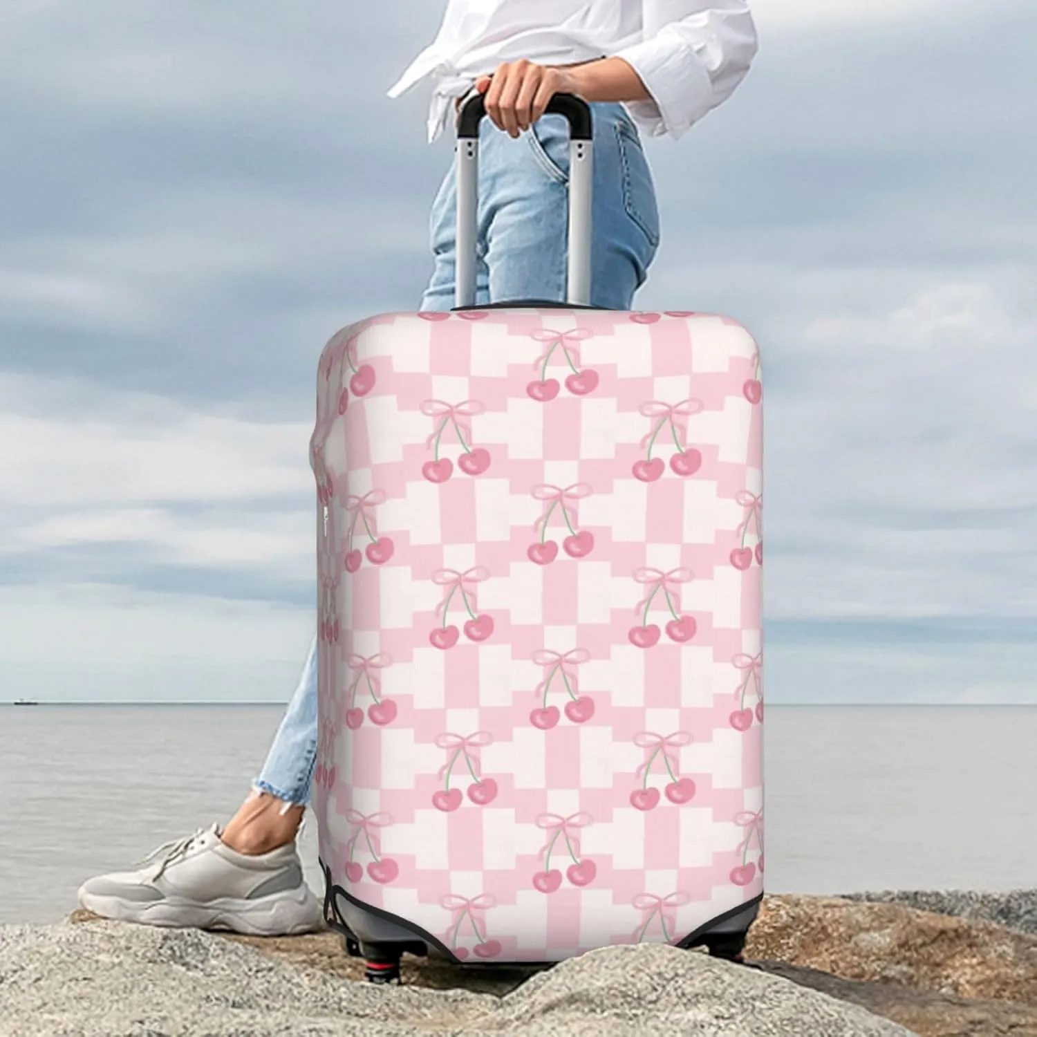 Pink Bow Cherry Travel Luggage Covers Elastic Suitcase Protector Washable Baggage Covers