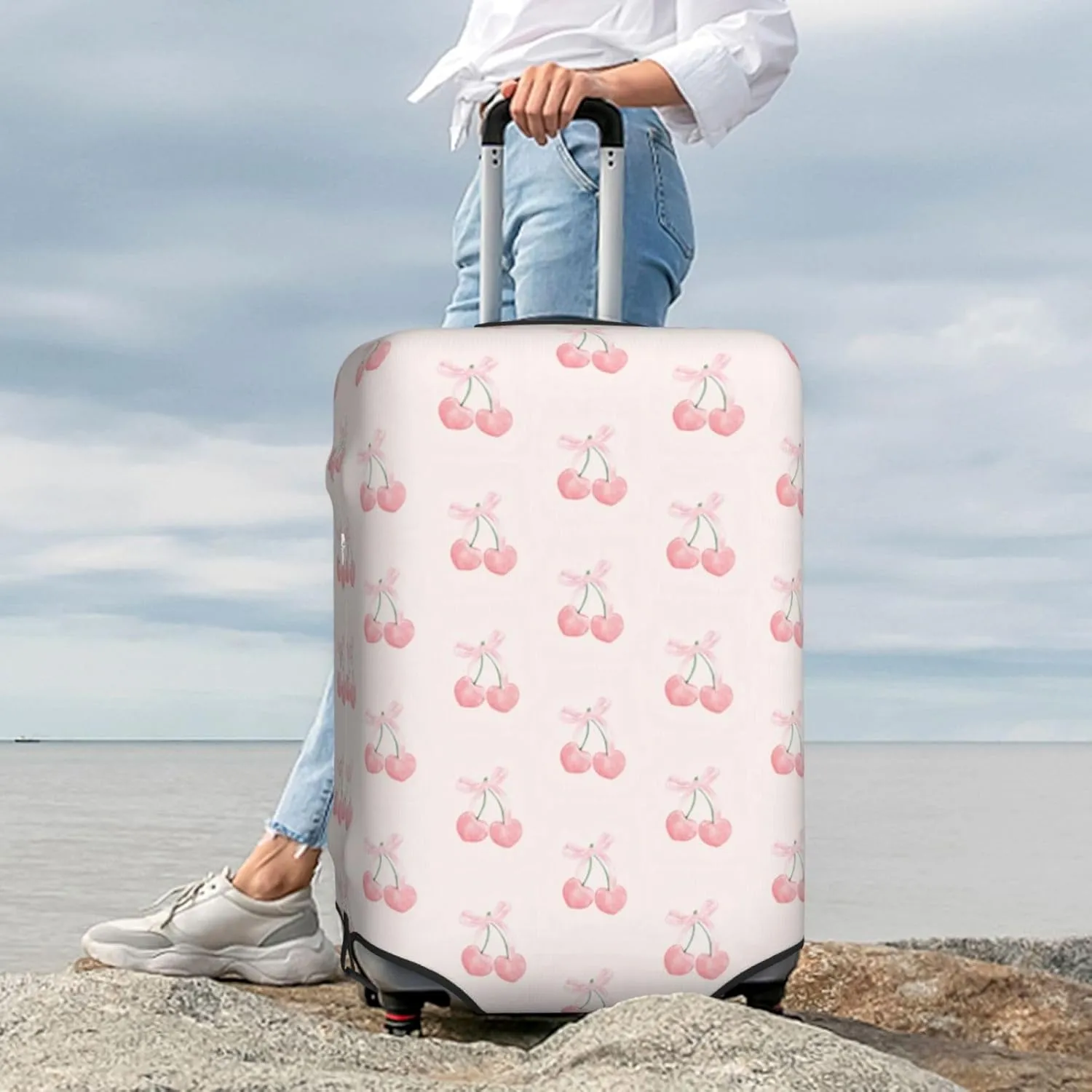 Pink Bow Cherry Travel Luggage Covers Elastic Suitcase Protector Washable Baggage Covers