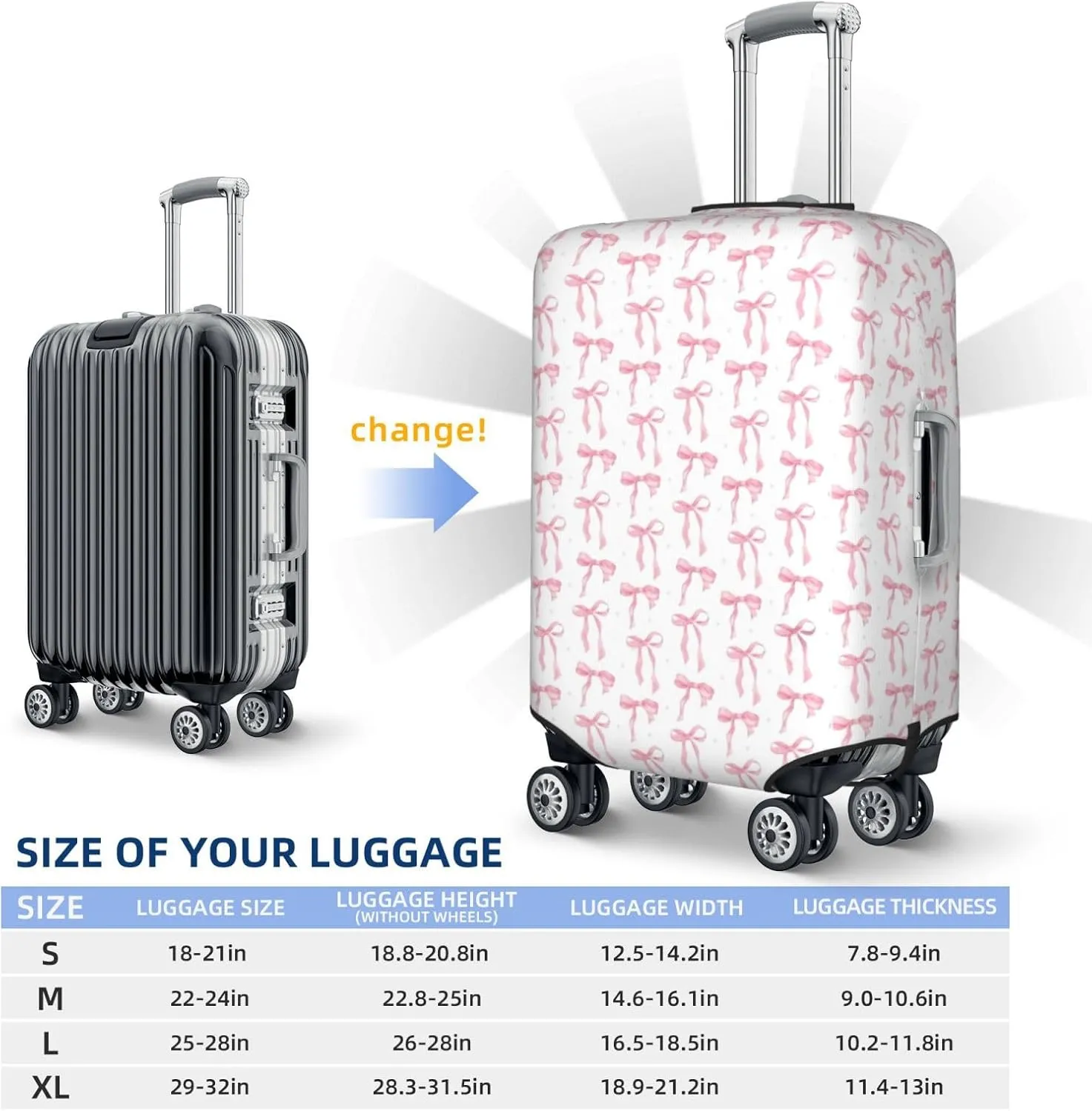 Pink Bows Travel Luggage Covers Elastic Suitcase Protector Washable Baggage Covers