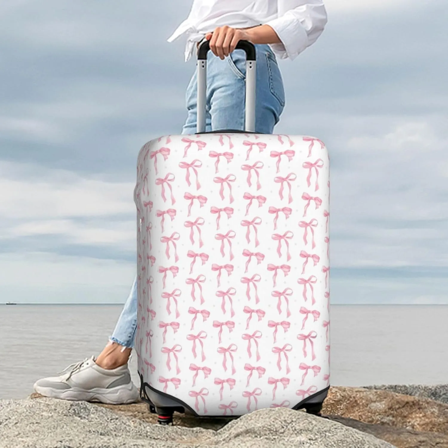 Pink Bows Travel Luggage Covers Elastic Suitcase Protector Washable Baggage Covers