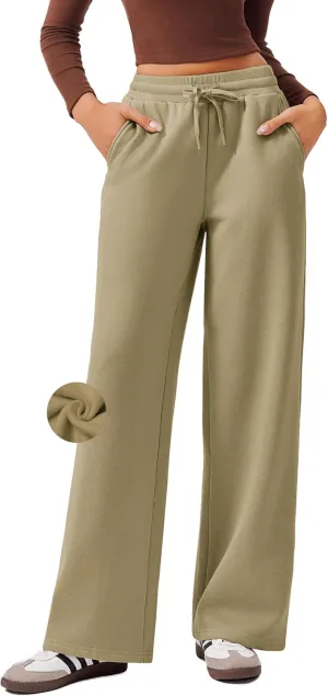 PINSPARK Womens Fleece Wide Leg Sweatpants High Waisted Athletic Sweat Pants Winter Baggy Workout Pant with Pocket
