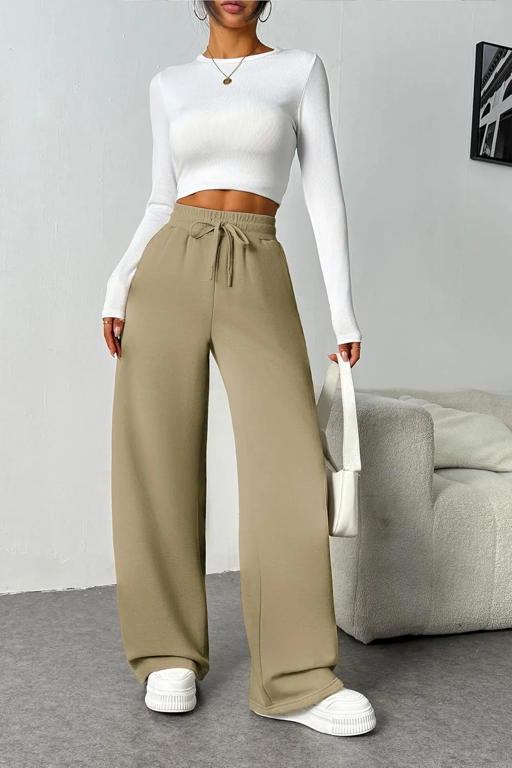 PINSPARK Womens Fleece Wide Leg Sweatpants High Waisted Athletic Sweat Pants Winter Baggy Workout Pant with Pocket
