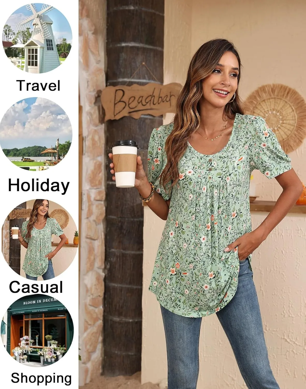 POPYOUNG Women's Tunic Loose Fit Dressy Blouse Ladies Elbow Sleeve Tops Wear with Leggings