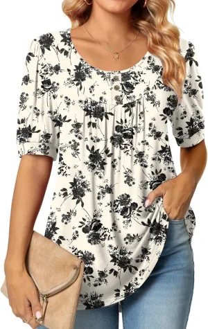 POPYOUNG Women's Tunic Loose Fit Dressy Blouse Ladies Elbow Sleeve Tops Wear with Leggings