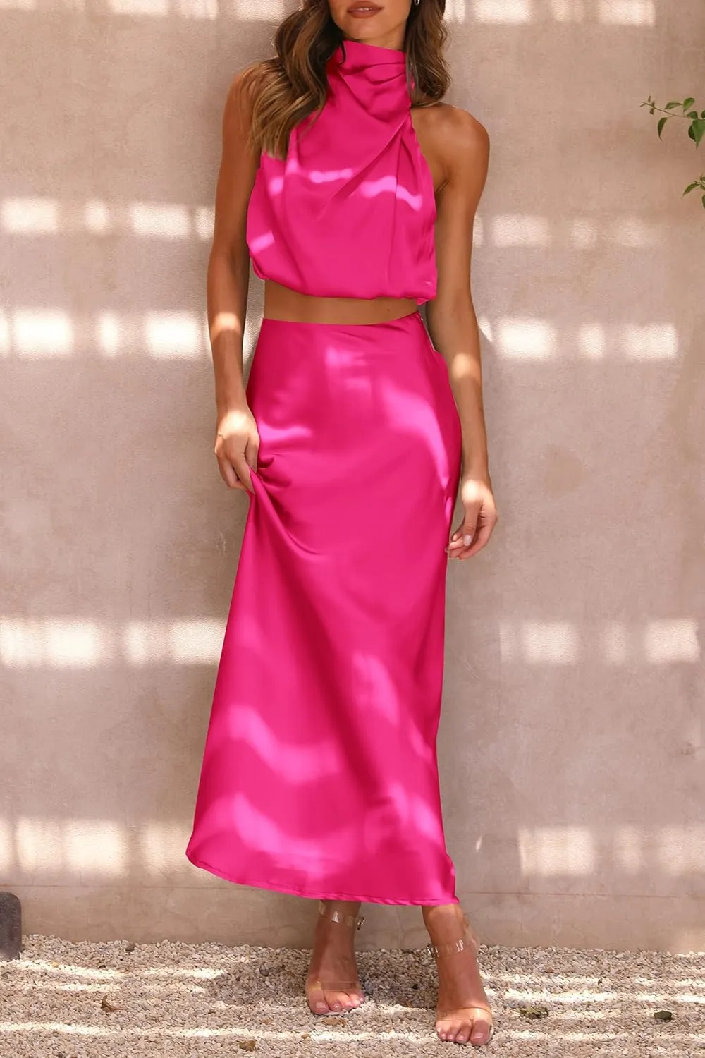 PRETTYGARDEN Women's 2 Piece Satin Outfits Summer Sleeveless Mock Neck Crop Tops and Long Skirt Dress Sets
