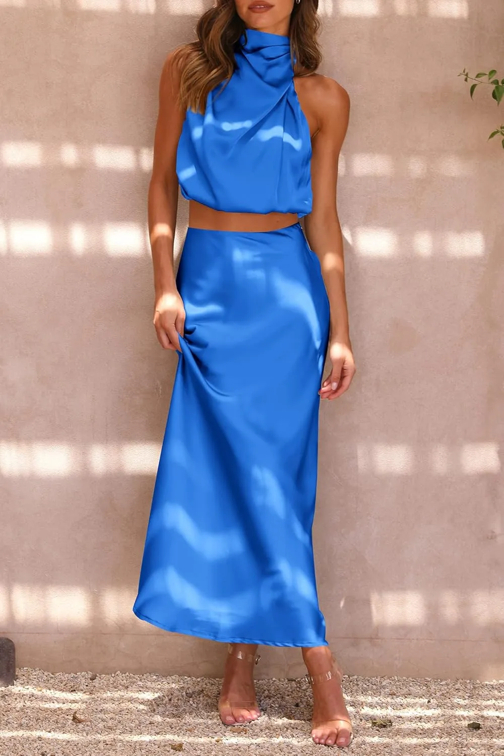 PRETTYGARDEN Women's 2 Piece Satin Outfits Summer Sleeveless Mock Neck Crop Tops and Long Skirt Dress Sets