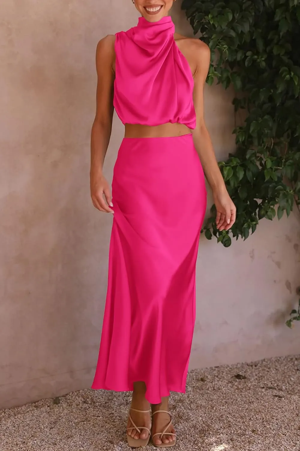 PRETTYGARDEN Women's 2 Piece Satin Outfits Summer Sleeveless Mock Neck Crop Tops and Long Skirt Dress Sets