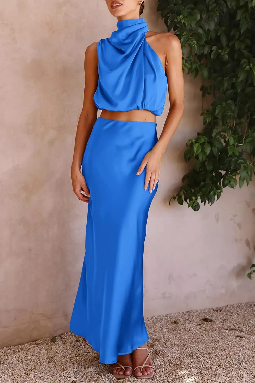 PRETTYGARDEN Women's 2 Piece Satin Outfits Summer Sleeveless Mock Neck Crop Tops and Long Skirt Dress Sets