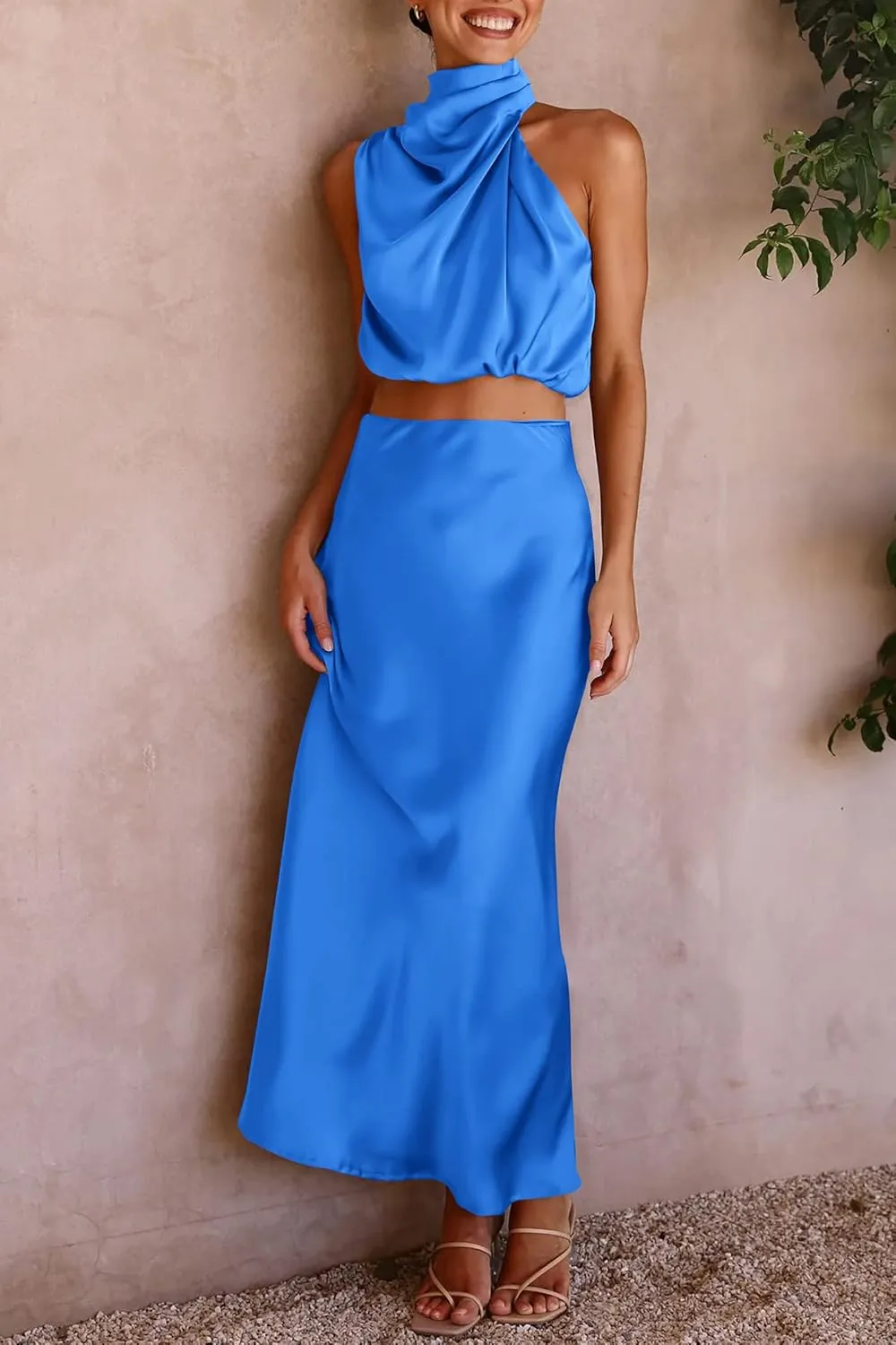 PRETTYGARDEN Women's 2 Piece Satin Outfits Summer Sleeveless Mock Neck Crop Tops and Long Skirt Dress Sets