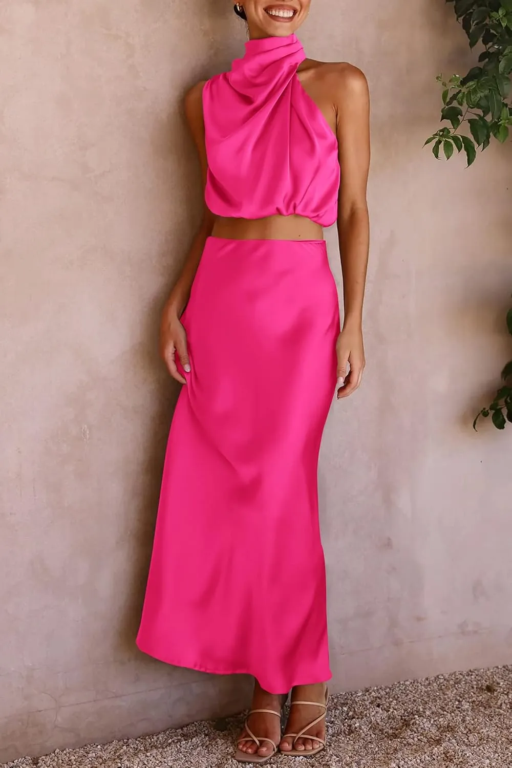 PRETTYGARDEN Women's 2 Piece Satin Outfits Summer Sleeveless Mock Neck Crop Tops and Long Skirt Dress Sets
