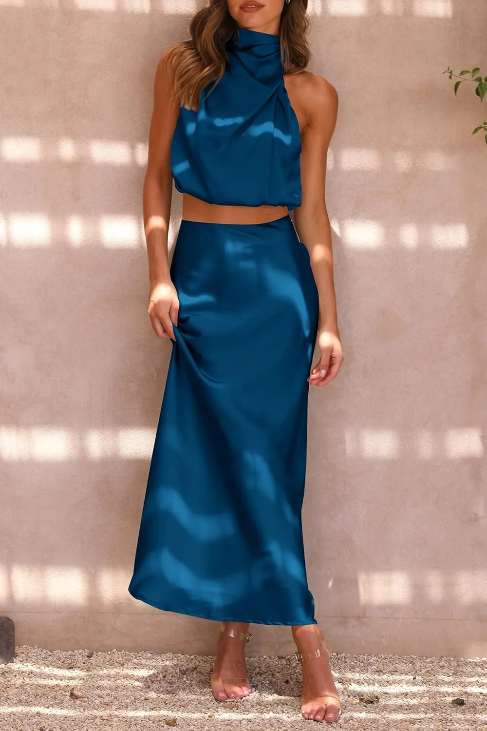 PRETTYGARDEN Women's 2 Piece Satin Outfits Summer Sleeveless Mock Neck Crop Tops and Long Skirt Dress Sets
