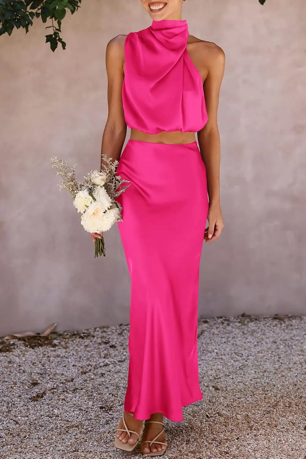 PRETTYGARDEN Women's 2 Piece Satin Outfits Summer Sleeveless Mock Neck Crop Tops and Long Skirt Dress Sets