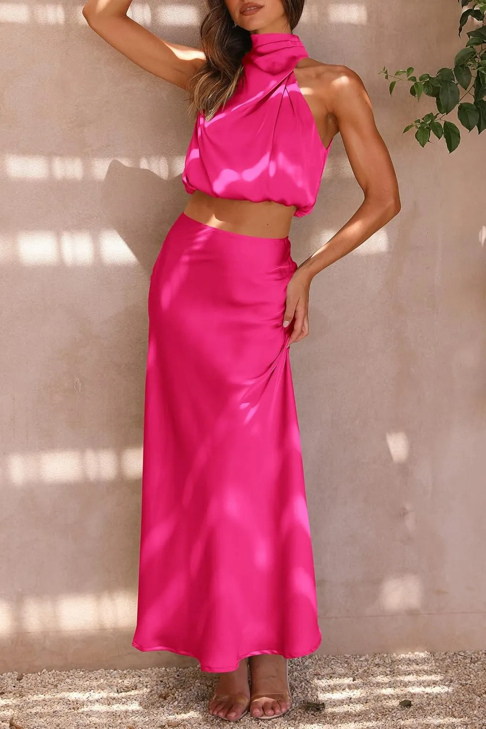 PRETTYGARDEN Women's 2 Piece Satin Outfits Summer Sleeveless Mock Neck Crop Tops and Long Skirt Dress Sets