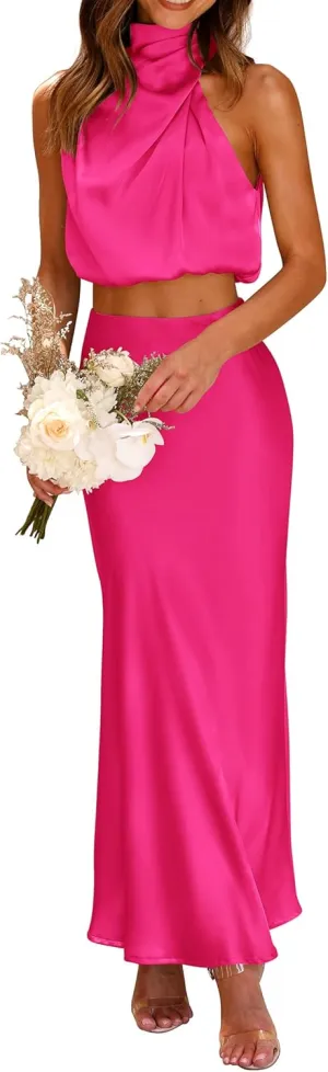PRETTYGARDEN Women's 2 Piece Satin Outfits Summer Sleeveless Mock Neck Crop Tops and Long Skirt Dress Sets