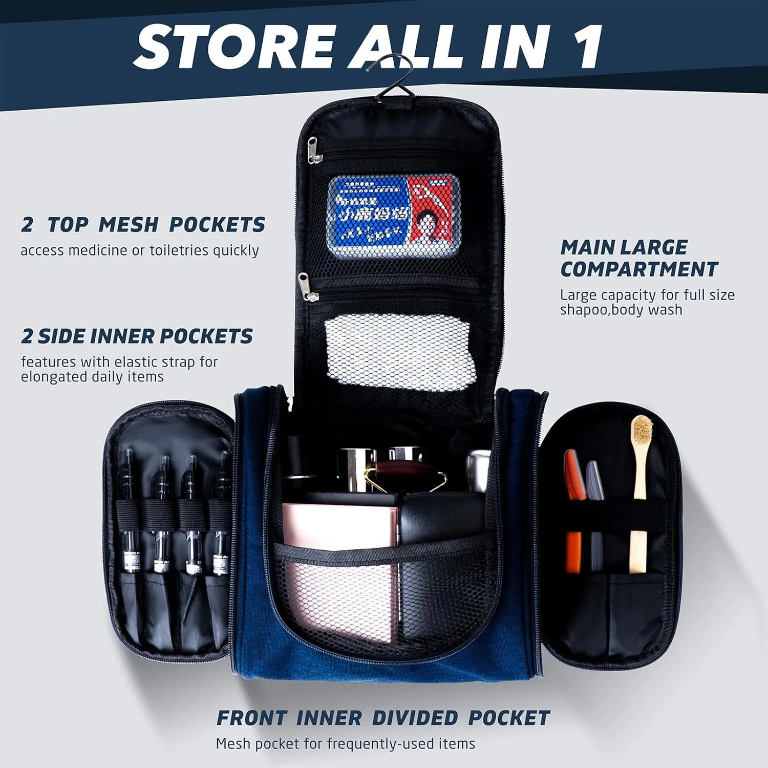 PSBP BEAUTY Mens Hanging Travel Toiletry Bag, Premium Portable Small Organizer Bag for Traveling Men & Women, for Organizing Toiletries, Travel Essentials, Makeup Products, Bathroom Supplies, Navy