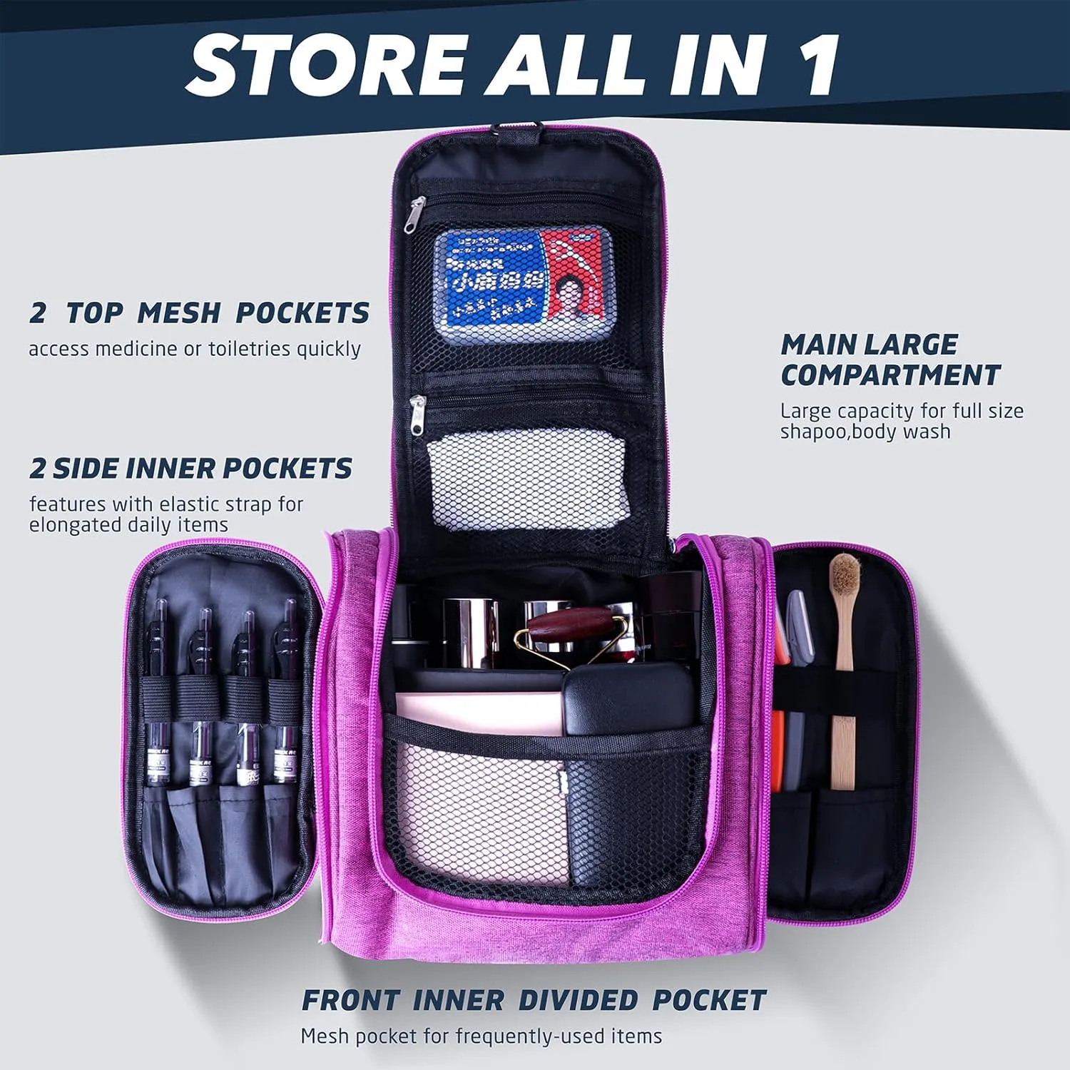 PSBP BEAUTY Mens Hanging Travel Toiletry Bag, Premium Portable Small Organizer Bag for Traveling Men & Women, for Organizing Toiletries, Travel Essentials, Makeup Products, Bathroom Supplies, Purple
