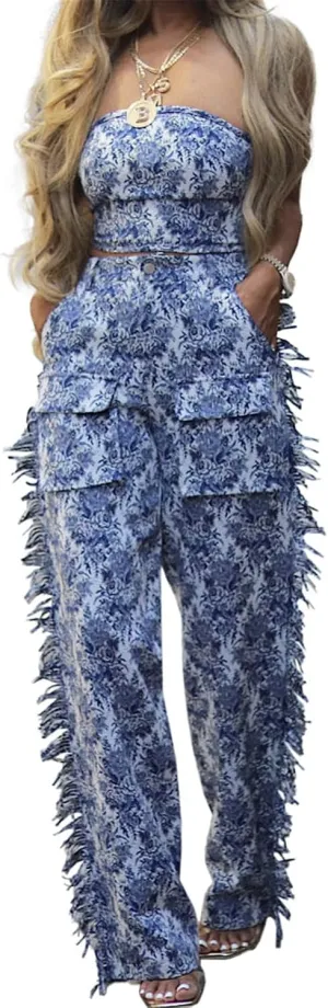 Qikaka Women's 2 PCS Printed Lace Up Tube Tops Bodycon Tassel Pockets Pants Sexy Nightclub Party Tracksuit Outfits Set
