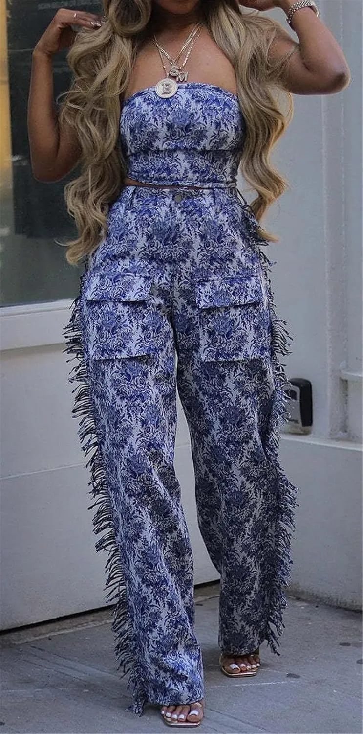 Qikaka Women's 2 PCS Printed Lace Up Tube Tops Bodycon Tassel Pockets Pants Sexy Nightclub Party Tracksuit Outfits Set