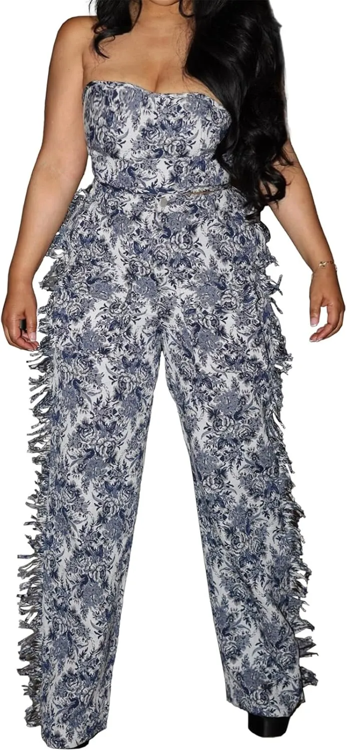 Qikaka Women's 2 PCS Printed Lace Up Tube Tops Bodycon Tassel Pockets Pants Sexy Nightclub Party Tracksuit Outfits Set