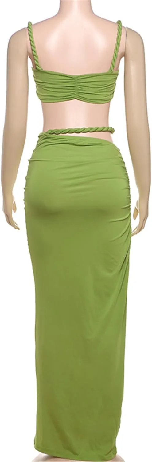 Qikaka Women's 2 PCS Rope Ruffles Tank Tops Bodycon Skirts Sexy Nightclub Party Dress Outfits Set