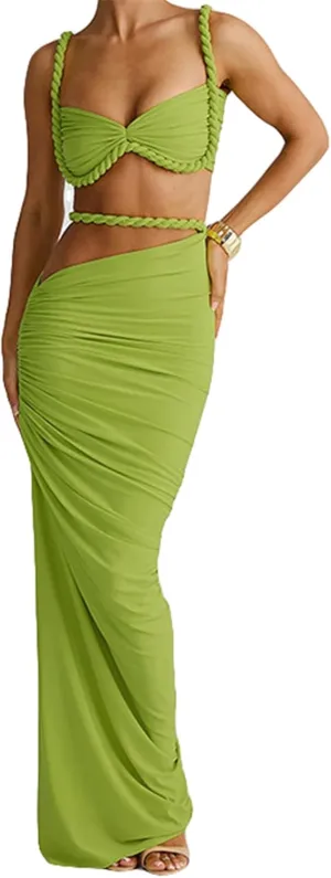 Qikaka Women's 2 PCS Rope Ruffles Tank Tops Bodycon Skirts Sexy Nightclub Party Dress Outfits Set