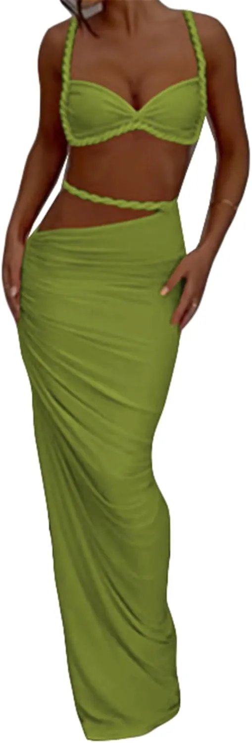 Qikaka Women's 2 PCS Rope Ruffles Tank Tops Bodycon Skirts Sexy Nightclub Party Dress Outfits Set