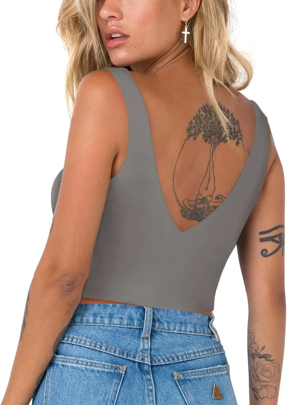 REORIA Butsmooth Womens Trendy Sexy Plunge Deep V Neck Sleeveless V Backless Slim Fit Going Out Crop Tank Tops