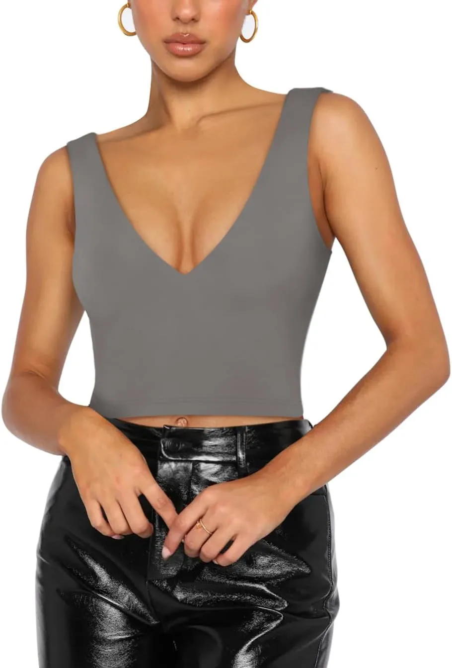 REORIA Butsmooth Womens Trendy Sexy Plunge Deep V Neck Sleeveless V Backless Slim Fit Going Out Crop Tank Tops