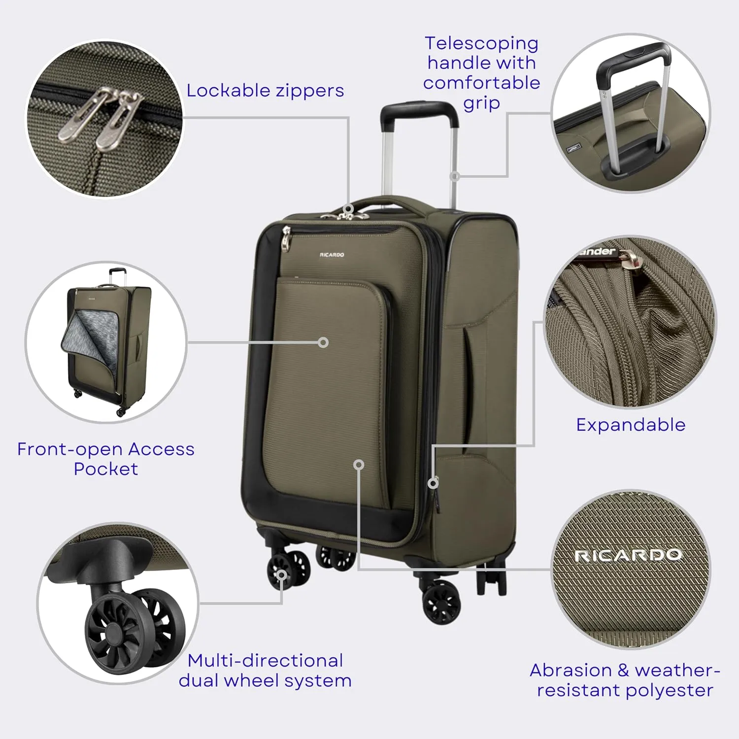 Ricardo Beverly Hills Aspen Springs 2-PC Luggage Set  Lightweight Softside Suitcase Set of 2 with 20 Carry-On & 24 Medium Check-In Spinner, Olive