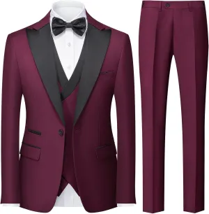 Rogers & Morris Tuxedo Suits for Men Solid 3 Piece Slim FitFormal Set Peak Lapels One Button Jacket Vest Pants