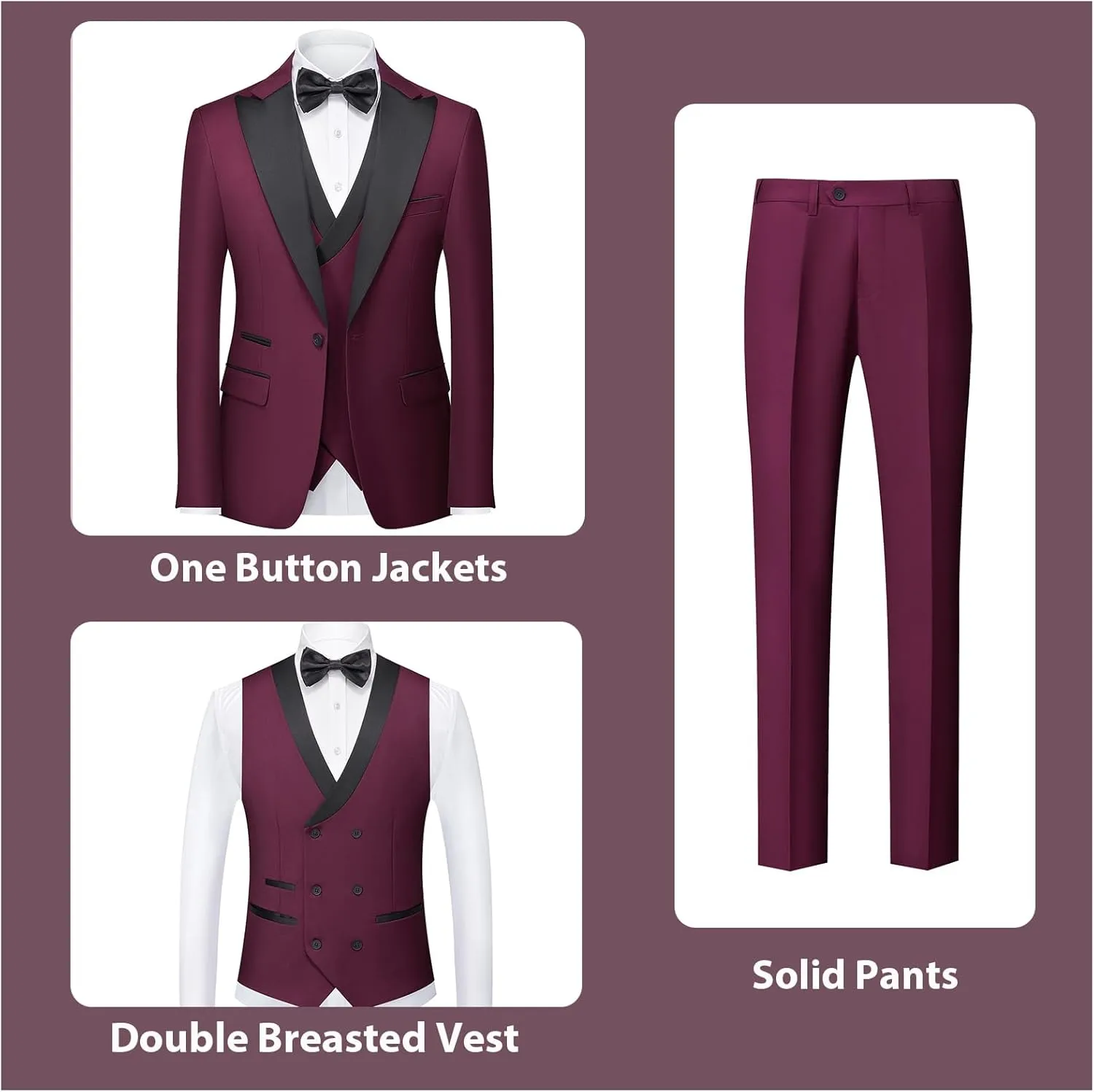 Rogers & Morris Tuxedo Suits for Men Solid 3 Piece Slim FitFormal Set Peak Lapels One Button Jacket Vest Pants