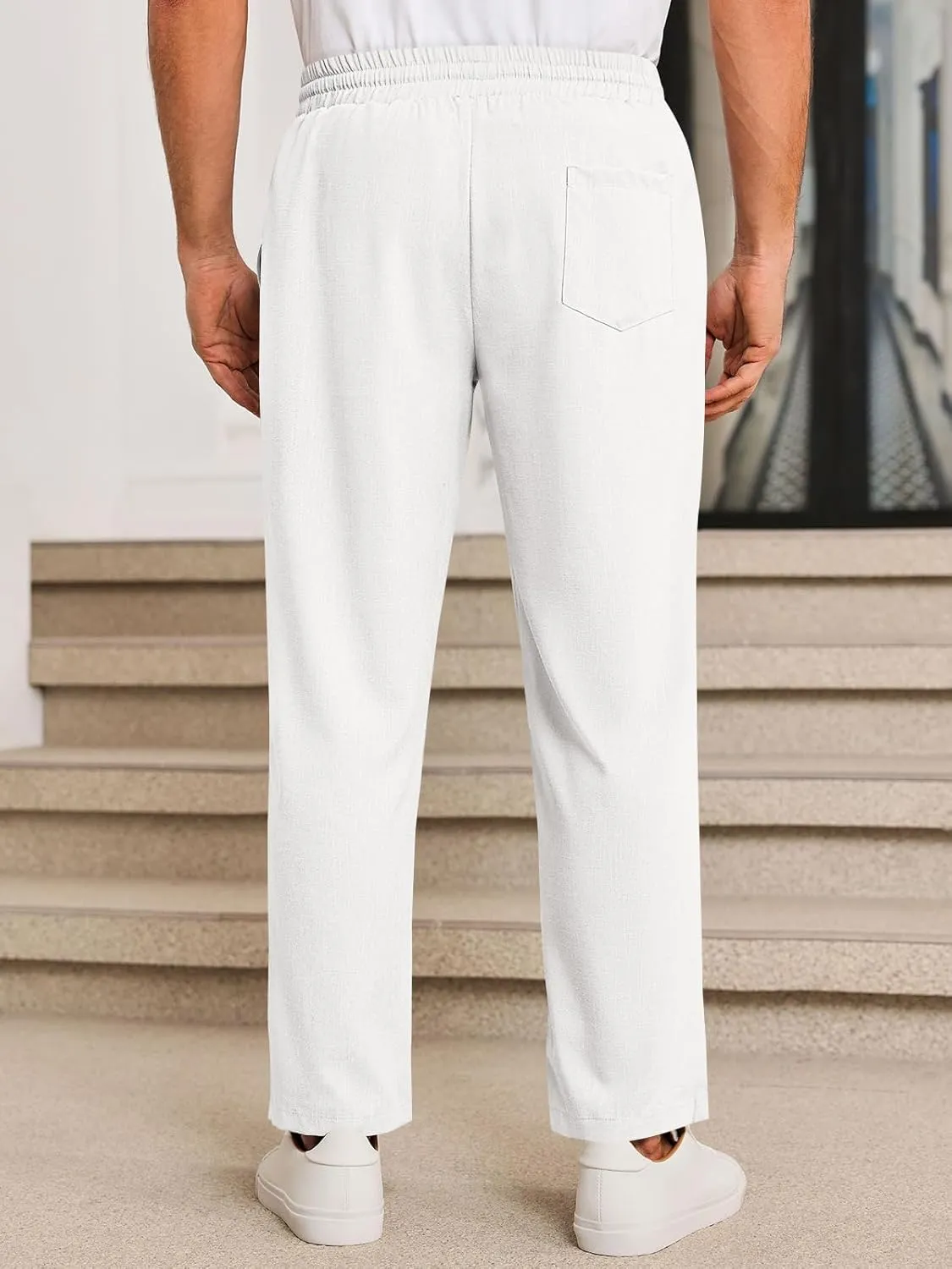 Runcati Mens Casual Pants Drawstring Elastic Waist Lightweight Cropped Linen Pants Summer Yoga Beach Trousers
