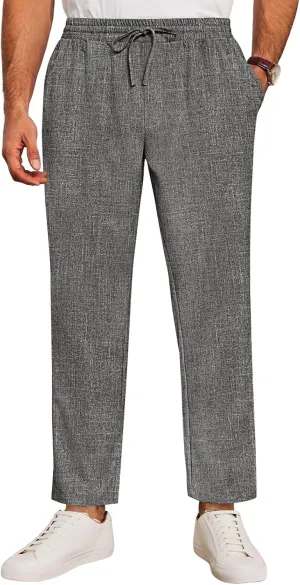 Runcati Mens Casual Pants Drawstring Elastic Waist Lightweight Cropped Linen Pants Summer Yoga Beach Trousers
