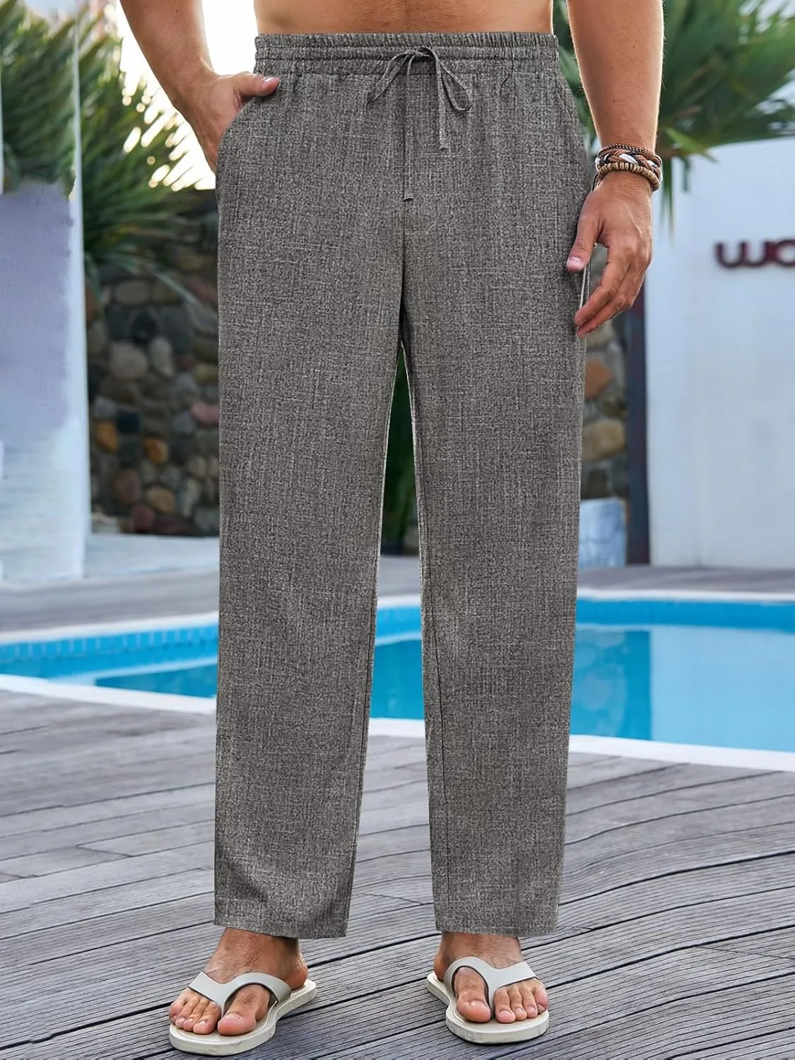 Runcati Mens Casual Pants Drawstring Elastic Waist Lightweight Cropped Linen Pants Summer Yoga Beach Trousers