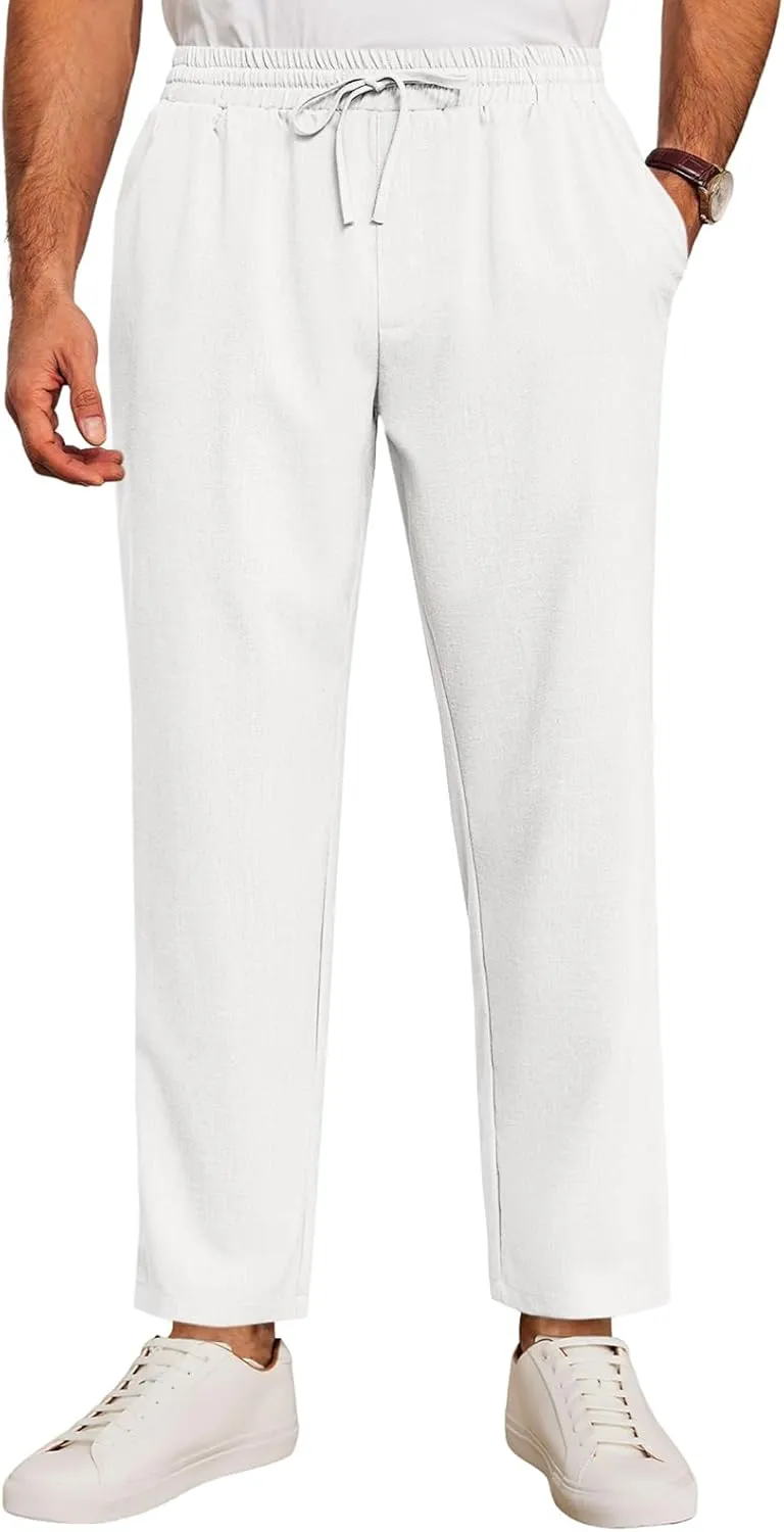 Runcati Mens Casual Pants Drawstring Elastic Waist Lightweight Cropped Linen Pants Summer Yoga Beach Trousers