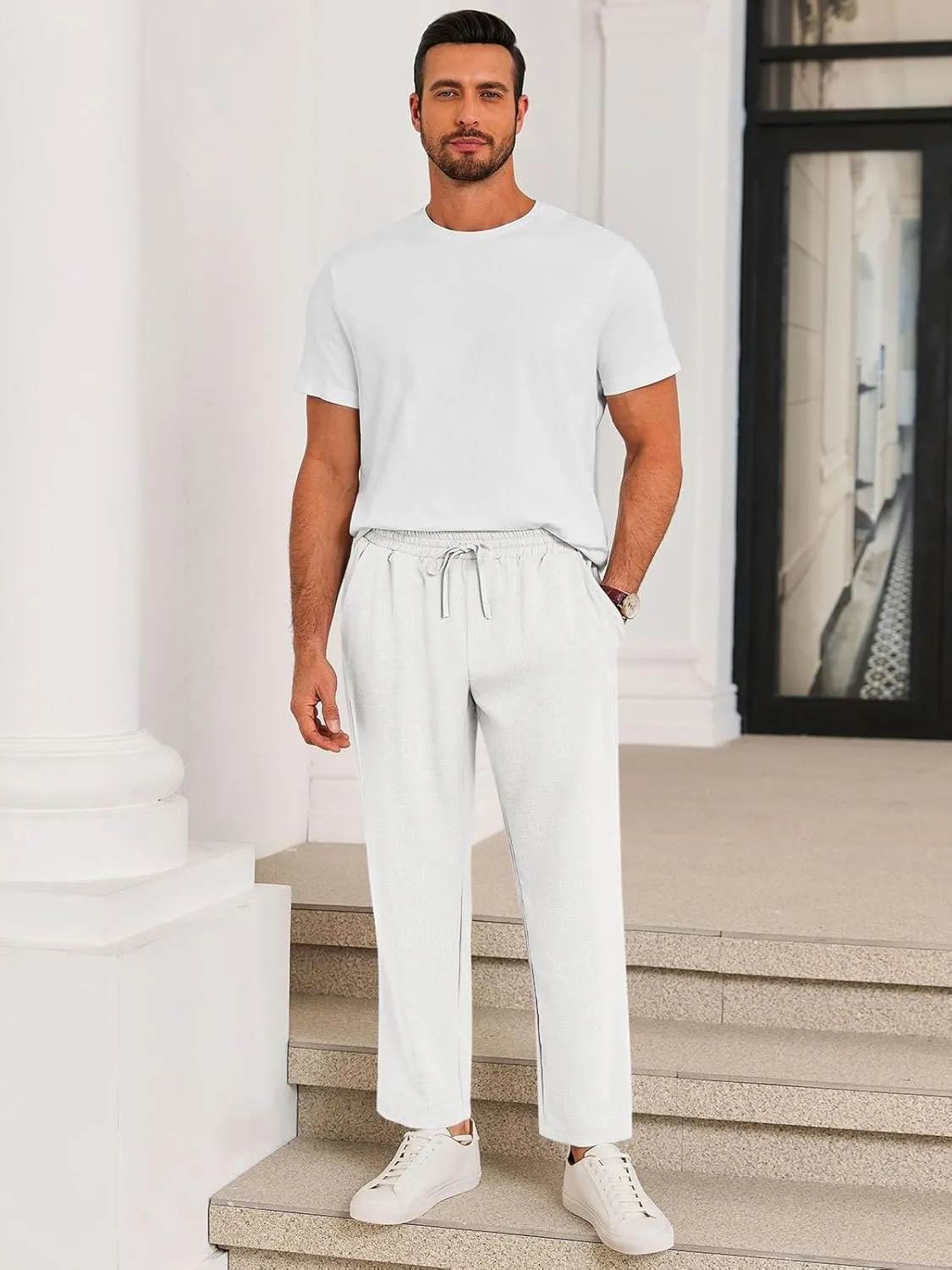 Runcati Mens Casual Pants Drawstring Elastic Waist Lightweight Cropped Linen Pants Summer Yoga Beach Trousers