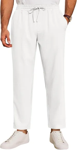 Runcati Mens Casual Pants Drawstring Elastic Waist Lightweight Cropped Linen Pants Summer Yoga Beach Trousers