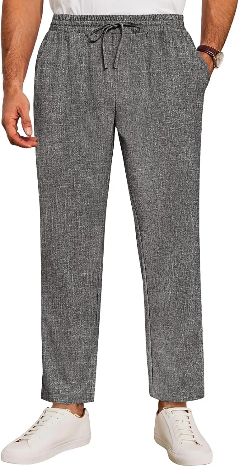 Runcati Mens Casual Pants Drawstring Elastic Waist Lightweight Cropped Linen Pants Summer Yoga Beach Trousers