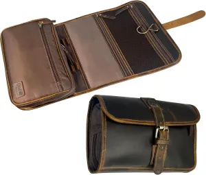 RUSTIC TOWN Leather Hanging Toiletry Bag for Men - Travel Shaving Dopp Kit - Bathroom Shower Toiletries Organizer - Leather Cosmetic Makeup Bag for Women
