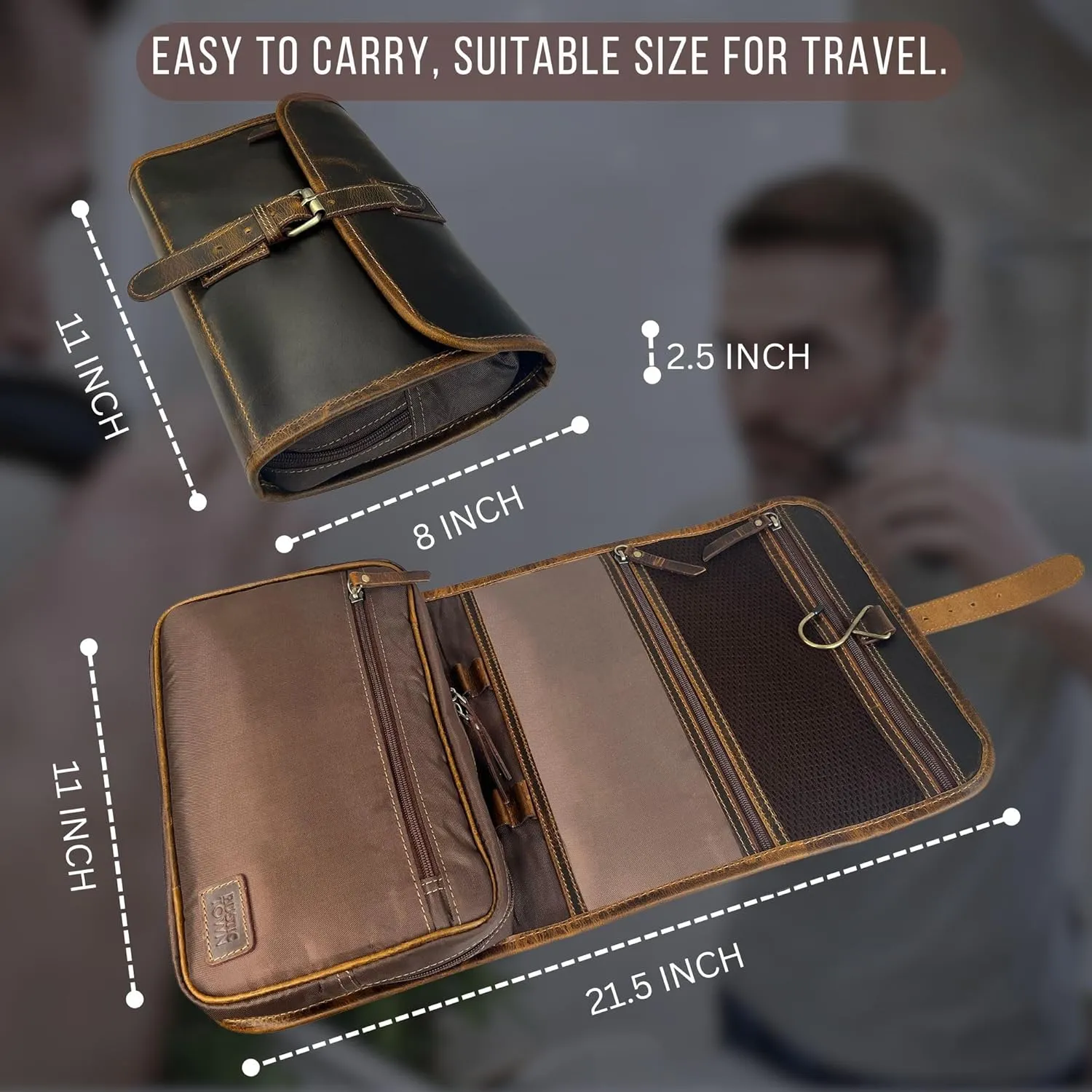 RUSTIC TOWN Leather Hanging Toiletry Bag for Men - Travel Shaving Dopp Kit - Bathroom Shower Toiletries Organizer - Leather Cosmetic Makeup Bag for Women